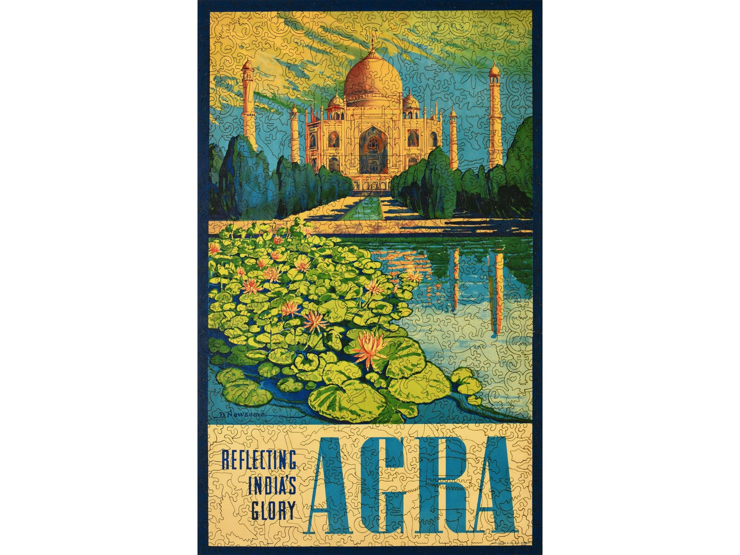 The front of the puzzle, Agra, which shows the Taj Mahal reflected in a lily pond.