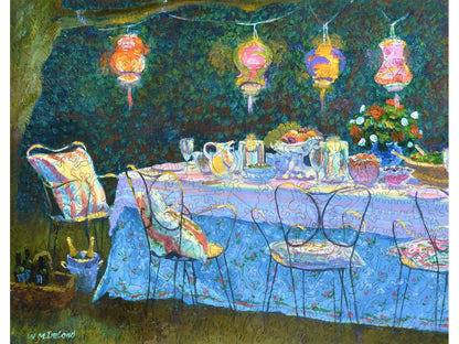 The front of the puzzle, Al Fresco, showing a table set up for a meal under lanterns hanging from a tree.