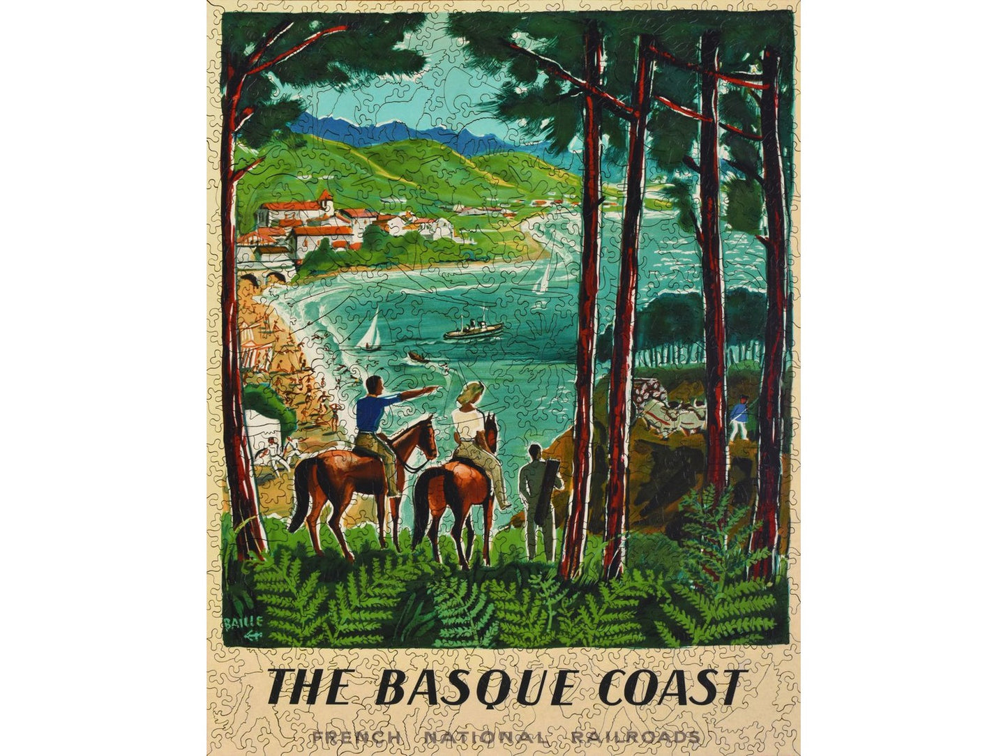 The front of the puzzle, The Basque Coast, showing people on horseback looking at the coast.