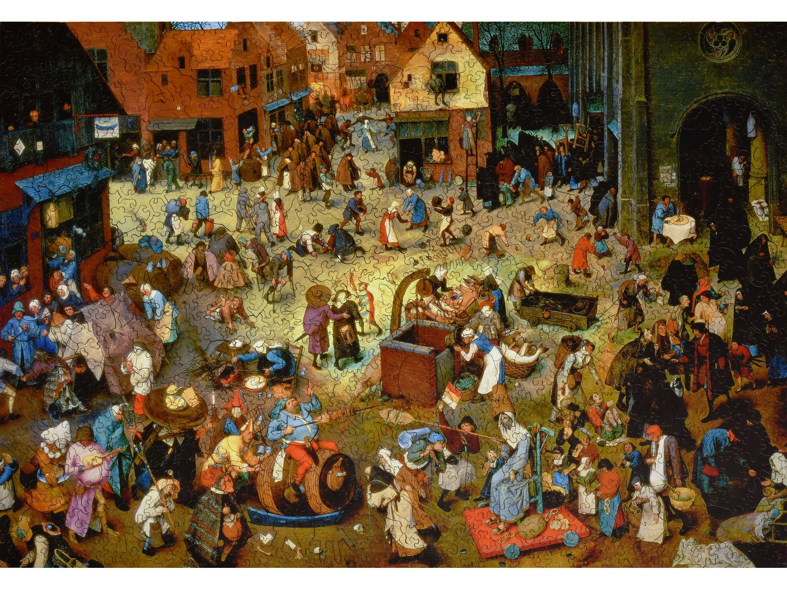 The front of the puzzle, The Battle of Carnival and Lent, which shows lots of people in a Medieval town square celebrating.