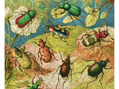 A closeup of the front of the puzzle, Beetles, showing the detail in the pieces.