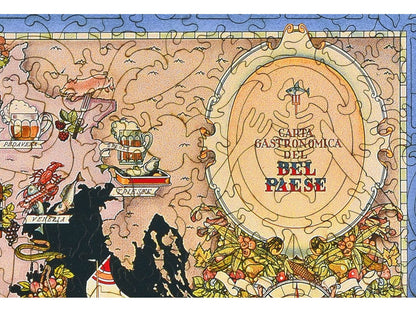A closeup of the front of the puzzle, Bel Paese - Gastronomical Map of Italy, showing the detail in the pieces.