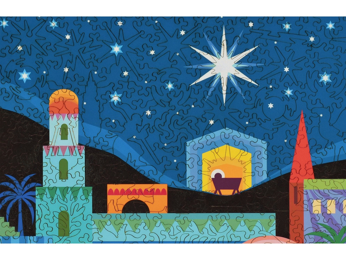 A closeup of the front of the puzzle, Bethlehem, showing the detail in the pieces.