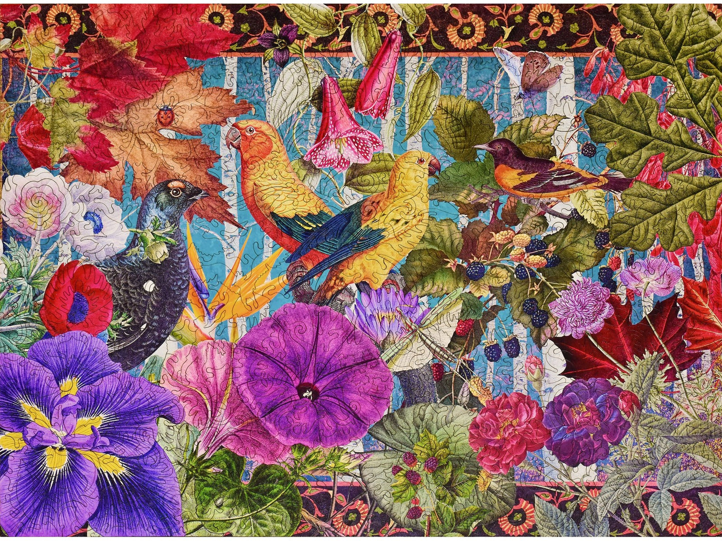 The front of the puzzle, Love Birds - Birds of Paradise, showing colorful birds and flowers.