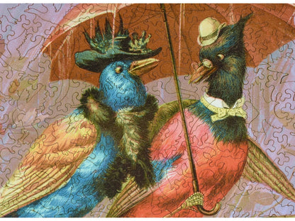 A closeup of the front of the puzzle, Birds of a Feather, showing the detail in the pieces.