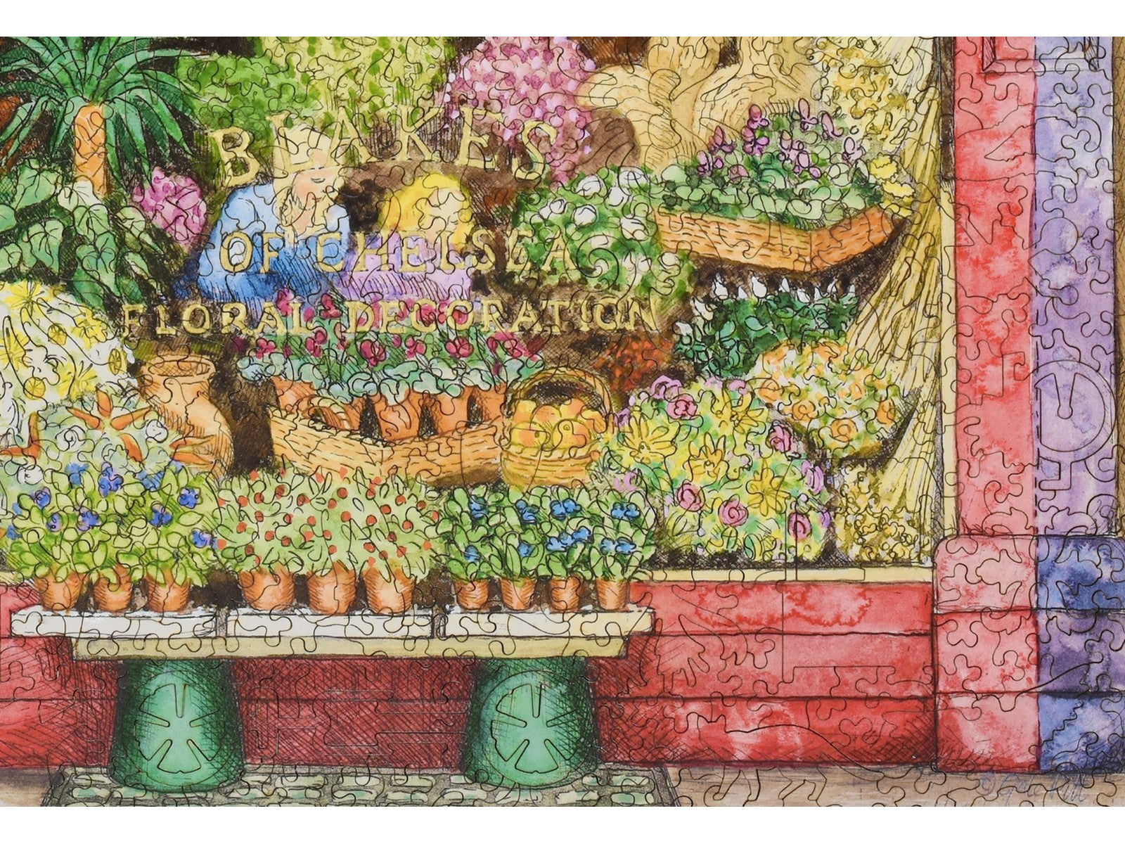 A closeup of the front of the puzzle, Blakes of Chelsea, showing the detail in the pieces.