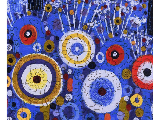 A closeup of the front of the puzzle, Blue Forest, showing the detail in the pieces.