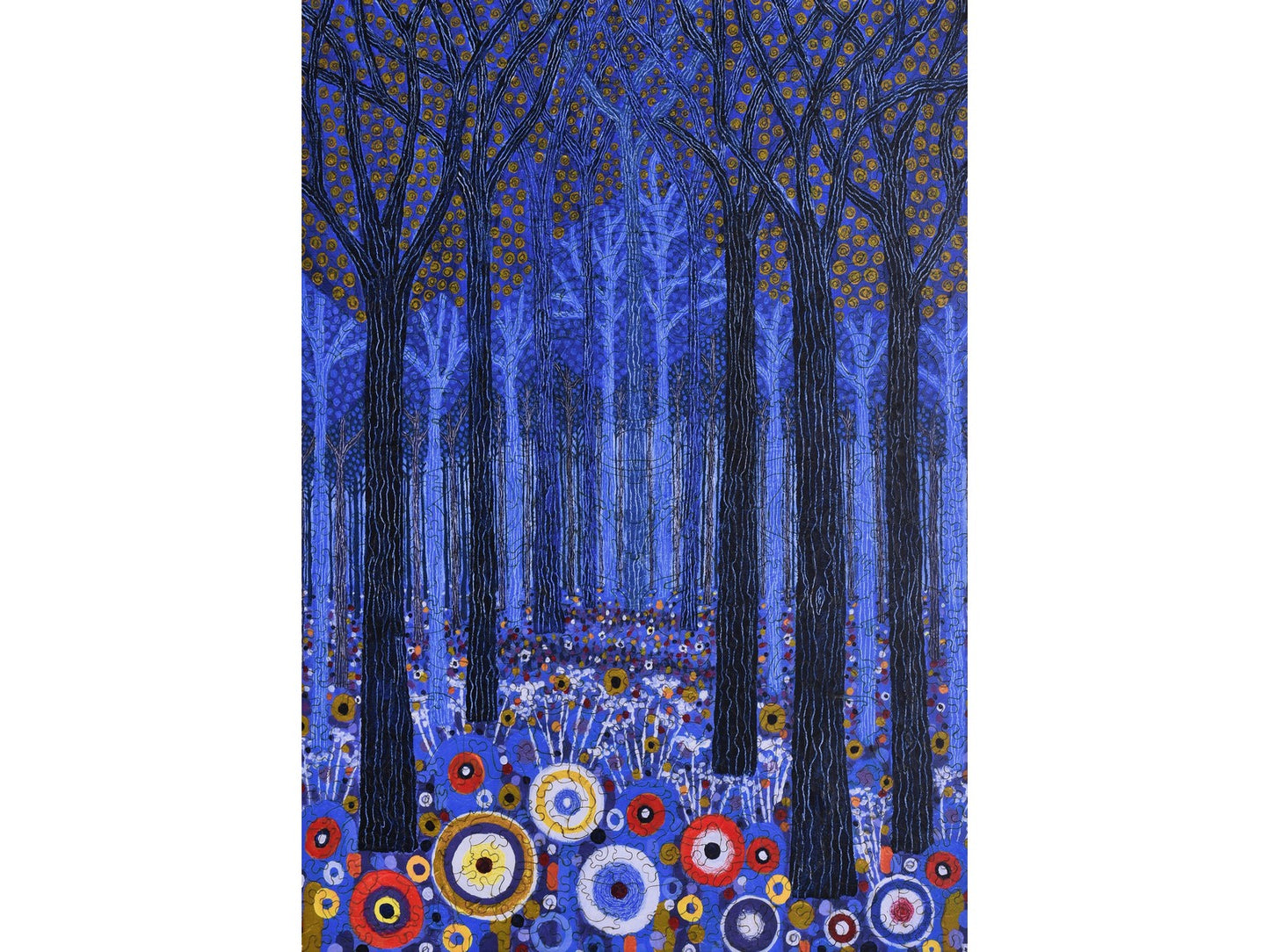 The front of the puzzle, Blue Forest, which shows a forest of blue trees and colorful circles.