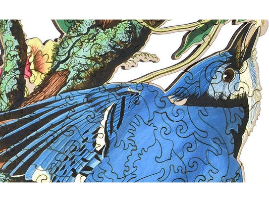 A closeup of the front of the puzzle, Blue Jay, showing the detail in the pieces.
