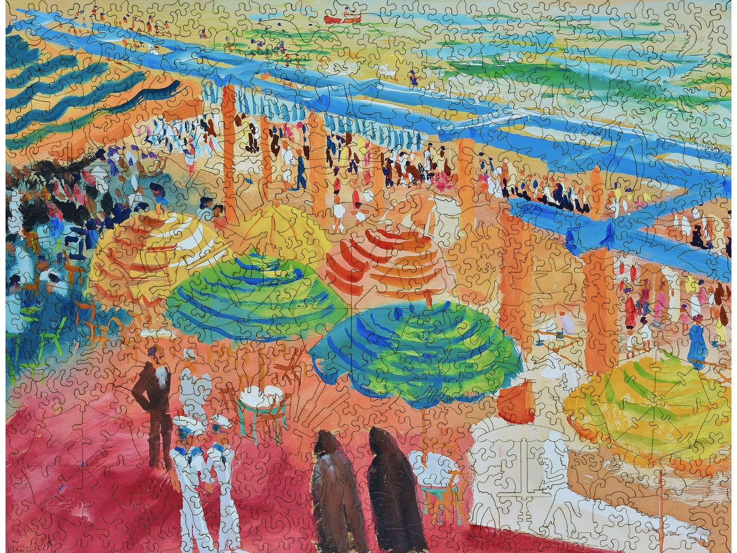 The front of the puzzle, The Blue Pergola, which shows brightly colored umbrellas on a crowded beach.
