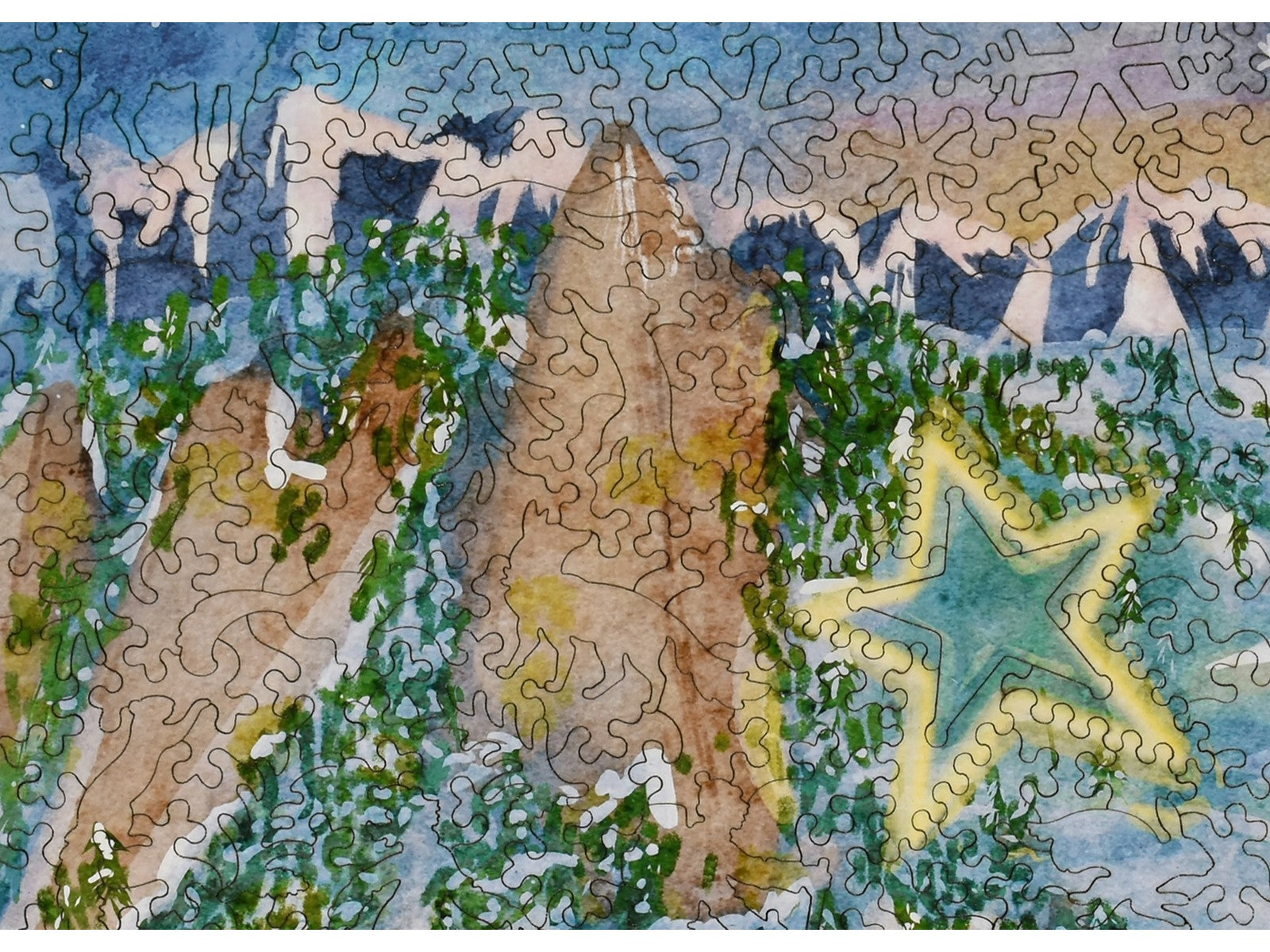 A closeup of the front of the puzzle, Boulder Star 2025, showing the detail in the pieces.