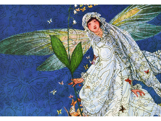 A closeup of the front of the puzzle, Vogue: The Bride's Many Suggestions, showing the detail in the pieces.
