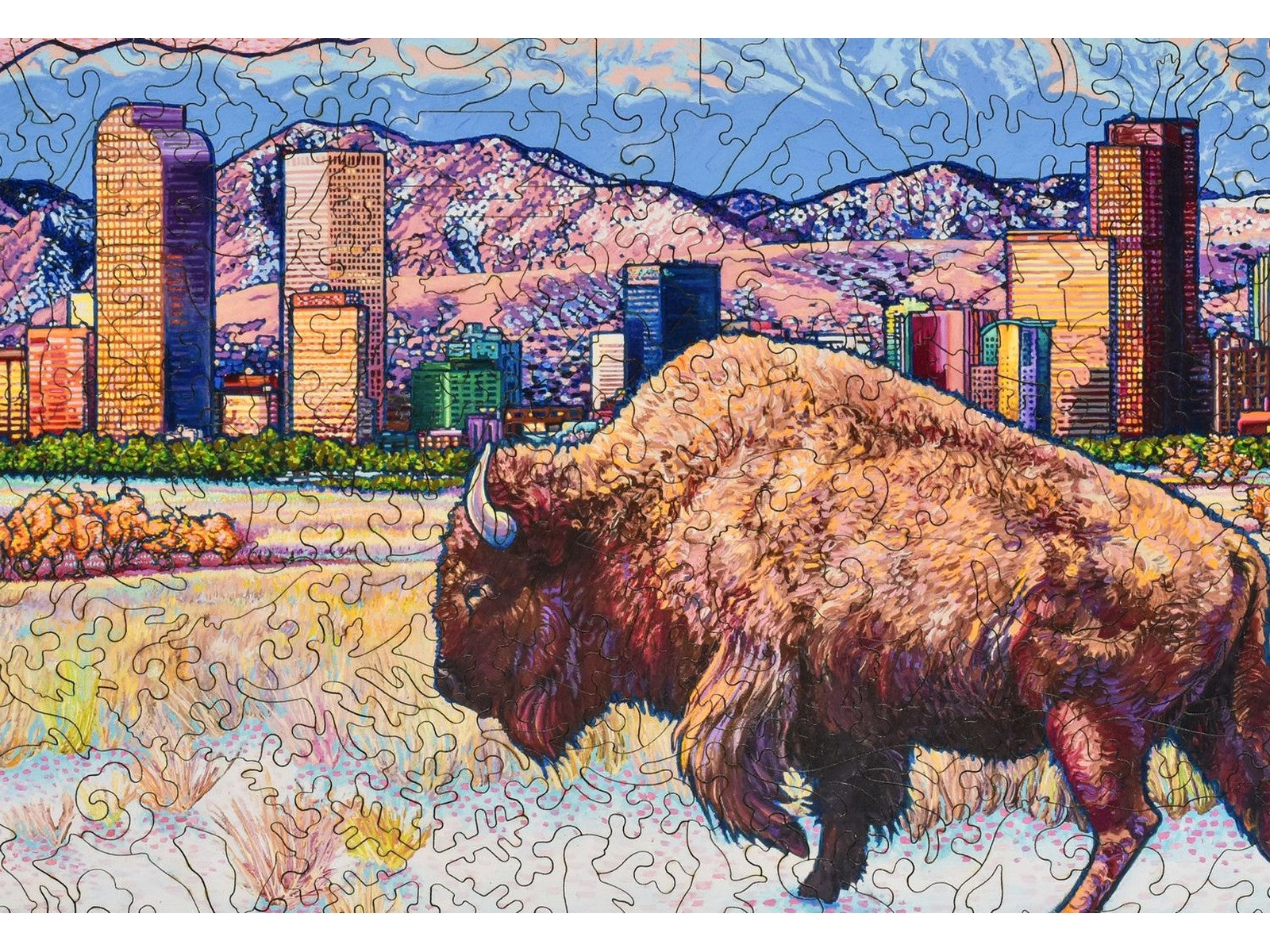 A closeup of the front of the puzzle, Buffalo Moon, showing the detail in the pieces.