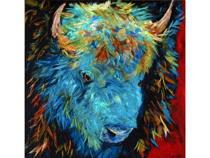 The front of the puzzle, Buffalo Strength, showing a painting of a blue bison on a red background.
