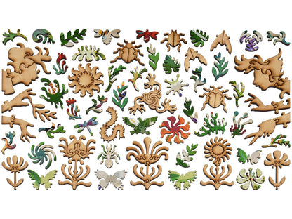 The whimsy pieces that can be found in the puzzle, Bug Garden Terrarium.