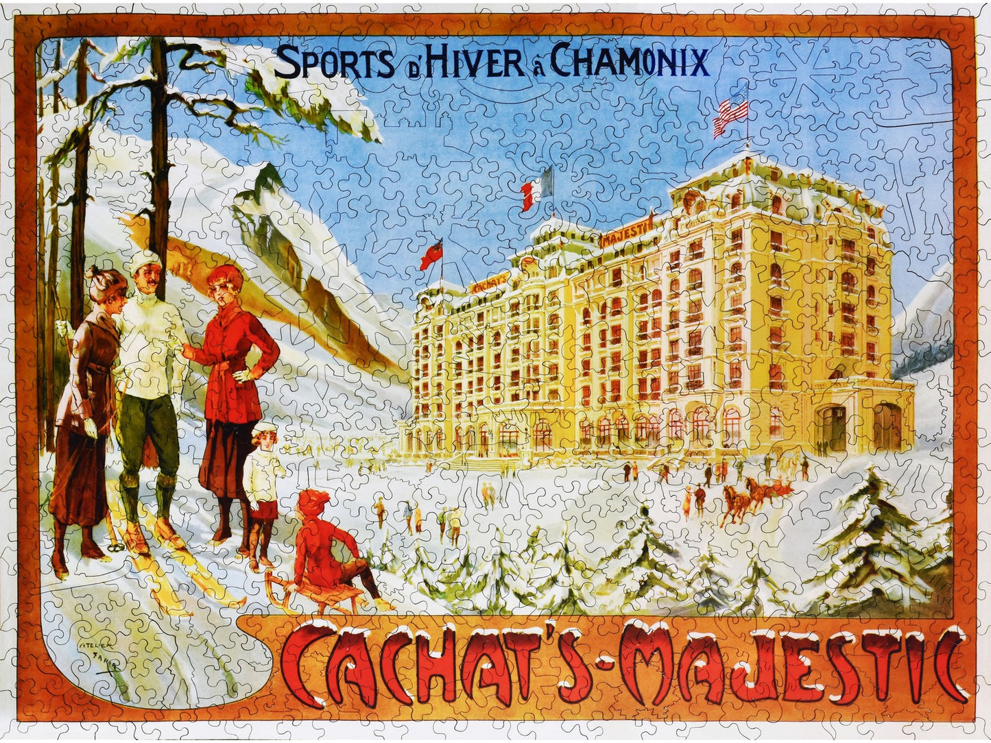 The front of the puzzle, Cachats Majestic Chamonix, which shows a ski resort in the mountains.