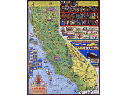 The front of the puzzle, California, which shows a vintage illustrated map of California.