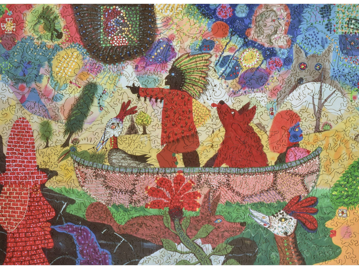 The front of the puzzle, Canoe of Fate, showing two people and animals in a canoe.