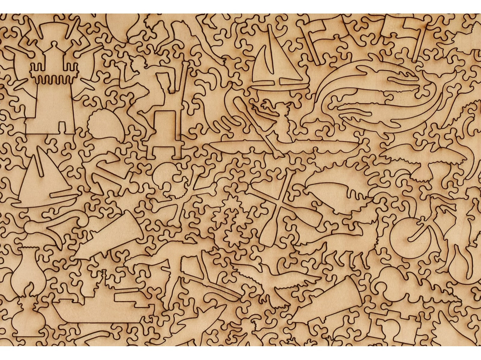 A closeup of the back of the puzzle, Cape Cod Xplorer Map, showing the detail in the pieces.