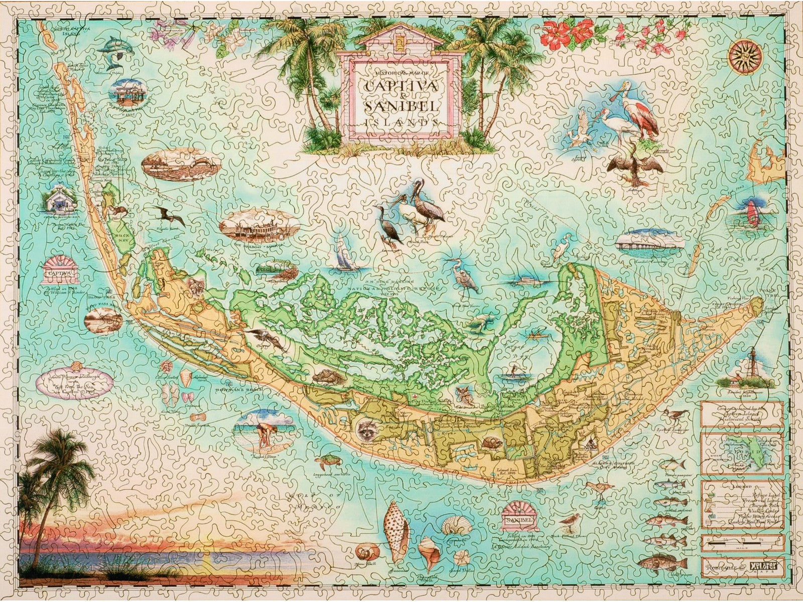 The front of the puzzle, Captiva and Sanibel Islands, showing a map of the islands, surrounded by drawings of seashells and local wildlife.