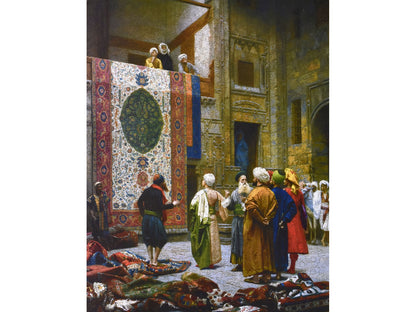 The front of the puzzle, Carpet Merchant, which shows a group of people looking at a large rug.