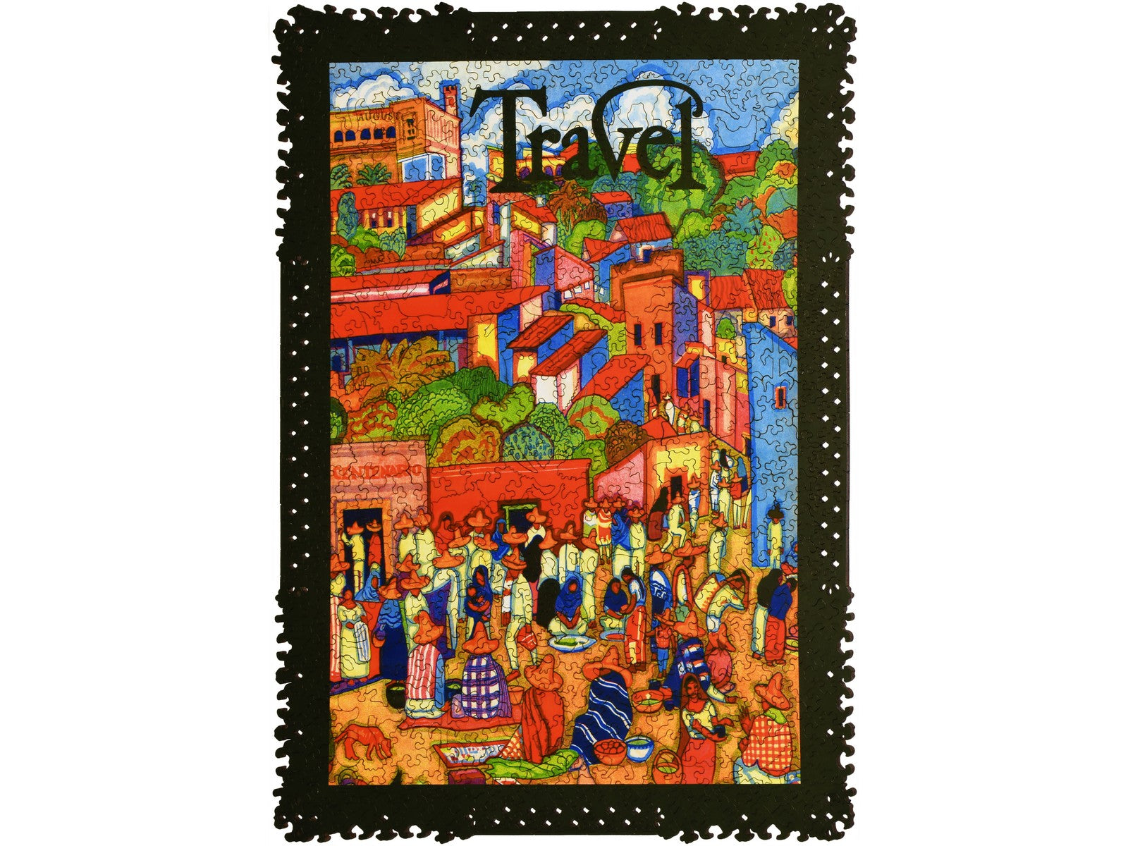 The front of the puzzle, Centenario, which shows a colorful village square in Mexico.