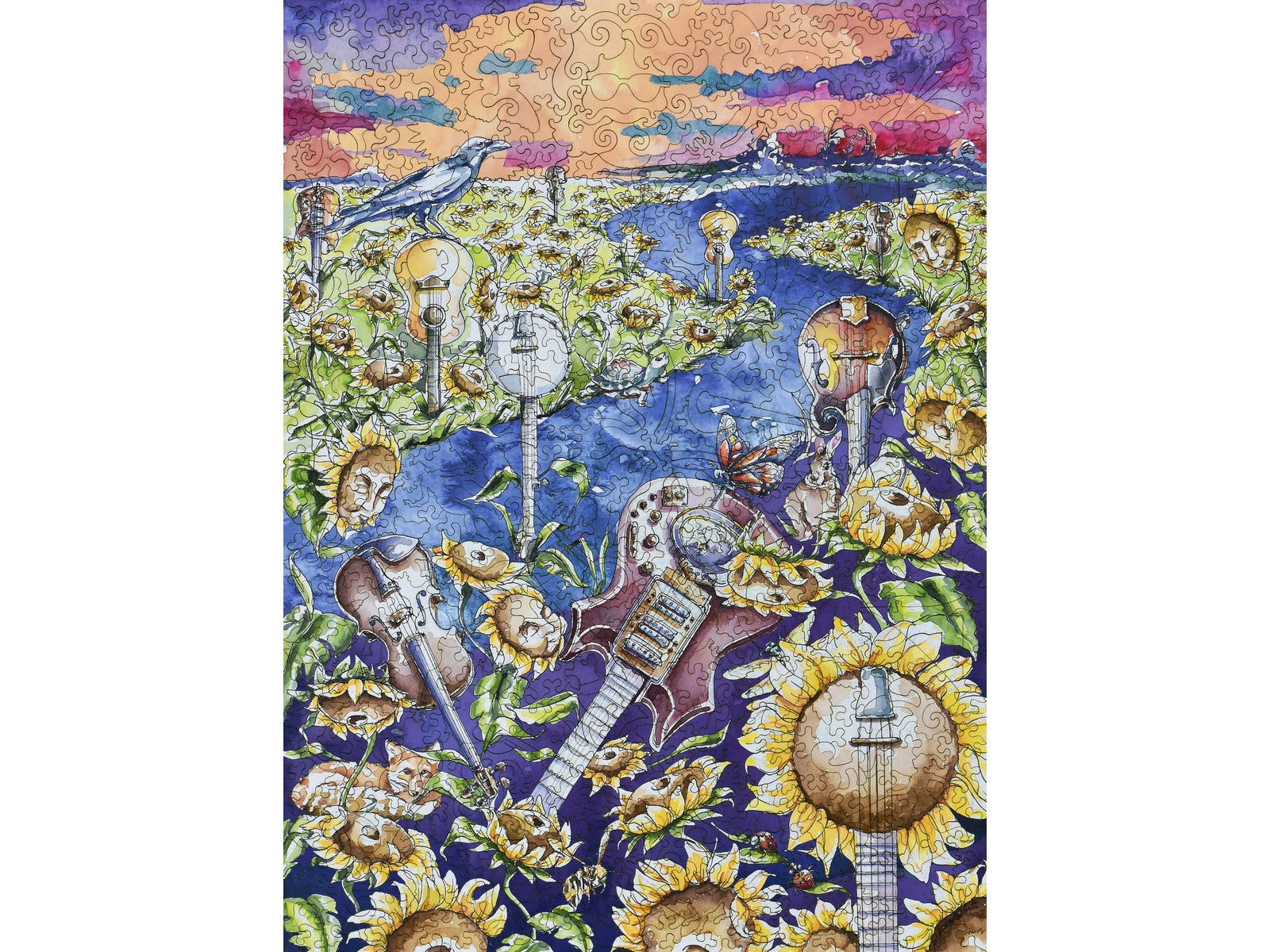 The front of the puzzle, Channeling Jerry, that has instruments growing out of the ground with sunflowers.