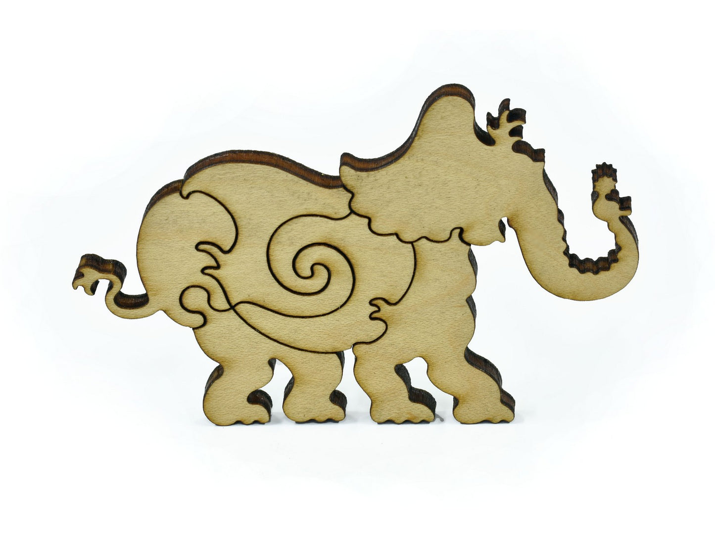 A closeup of pieces in the shape of an elephant.