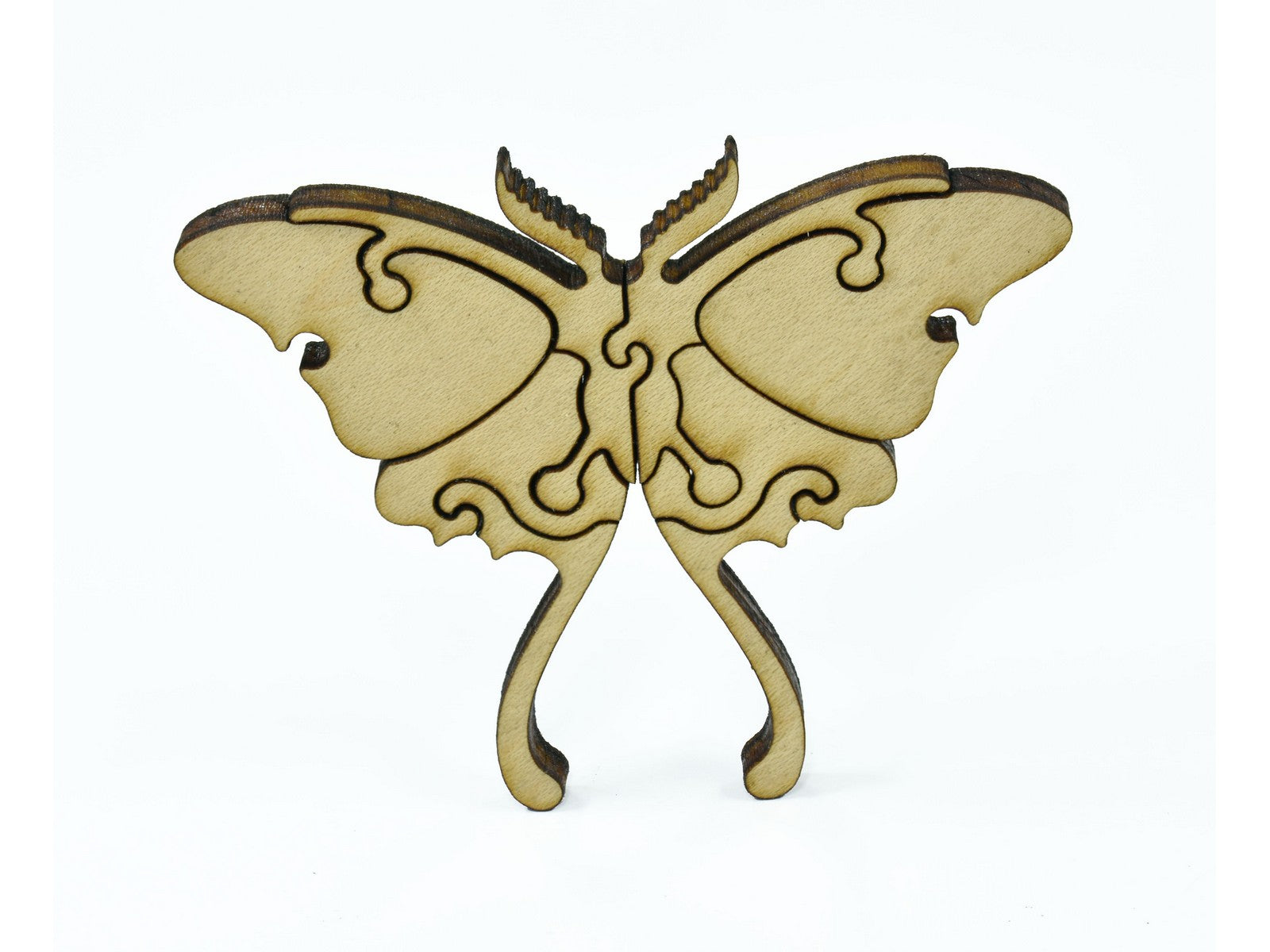 A closeup of pieces in the shape of luna moth.