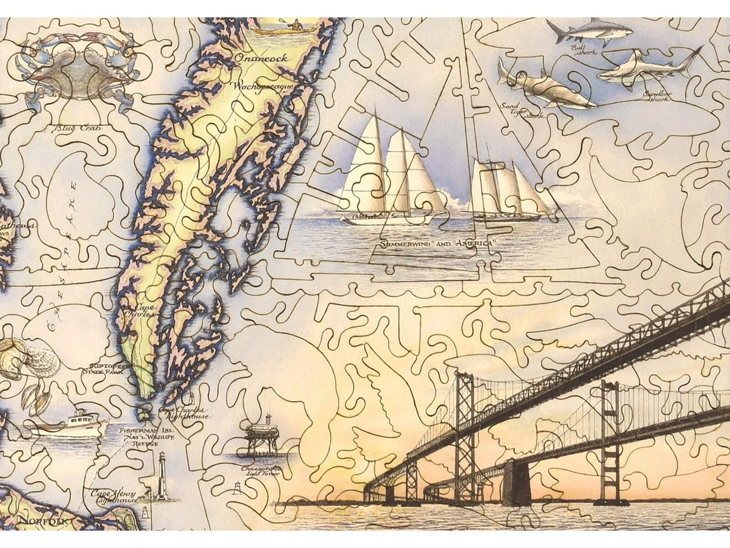 A closeup of the front of the puzzle Chesapeake Bay Map.