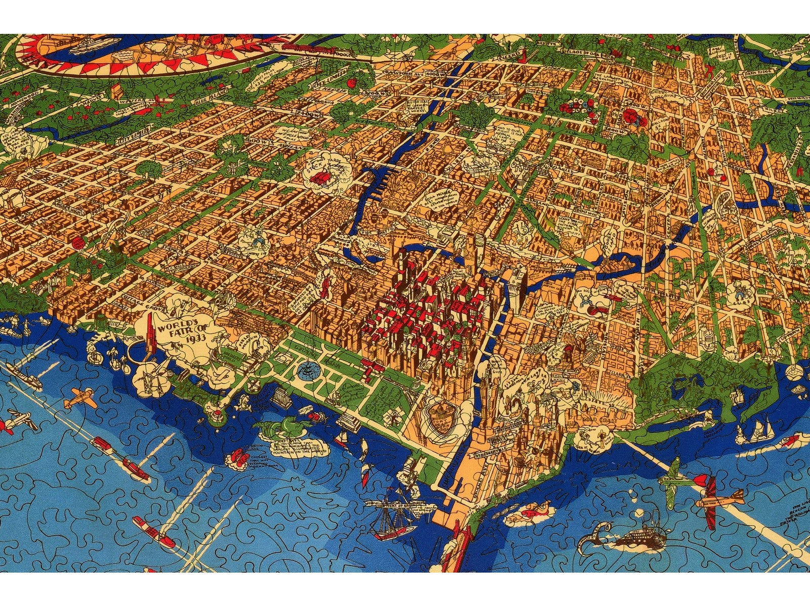 A closeup of the front of the puzzle, An Illustrated Map of Chicago, showing the detail in the pieces.