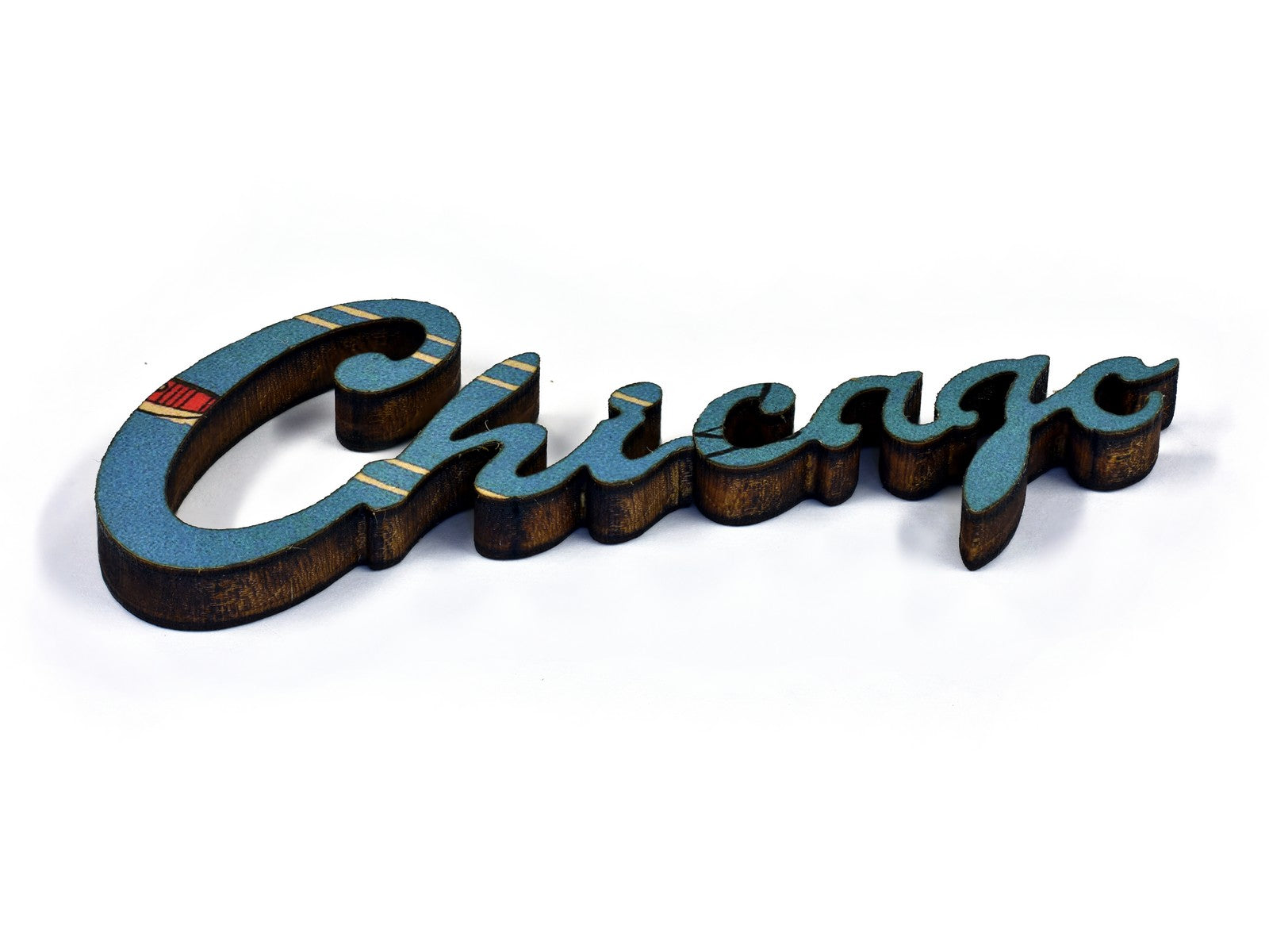 A closeup of pieces in the shape of the word "Chicago".