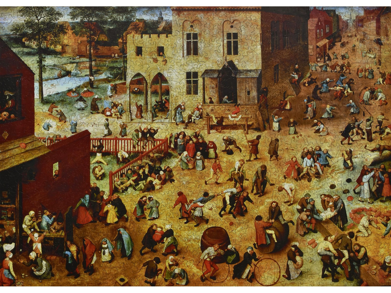 The front of the puzzle, Children's Games, which shows a medieval town square full of children playing different games.