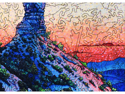 A closeup of the front of the puzzle, Chimney Rock, showing the detail in the pieces.