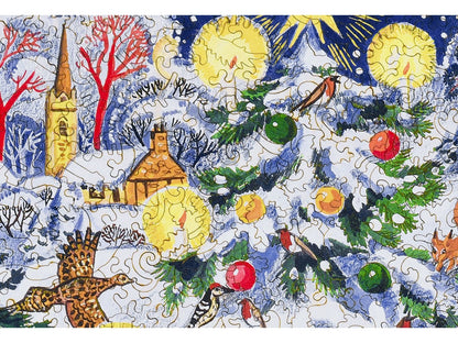 A closeup of the front of the puzzle, Christmas Tree, showing the detail in the pieces.