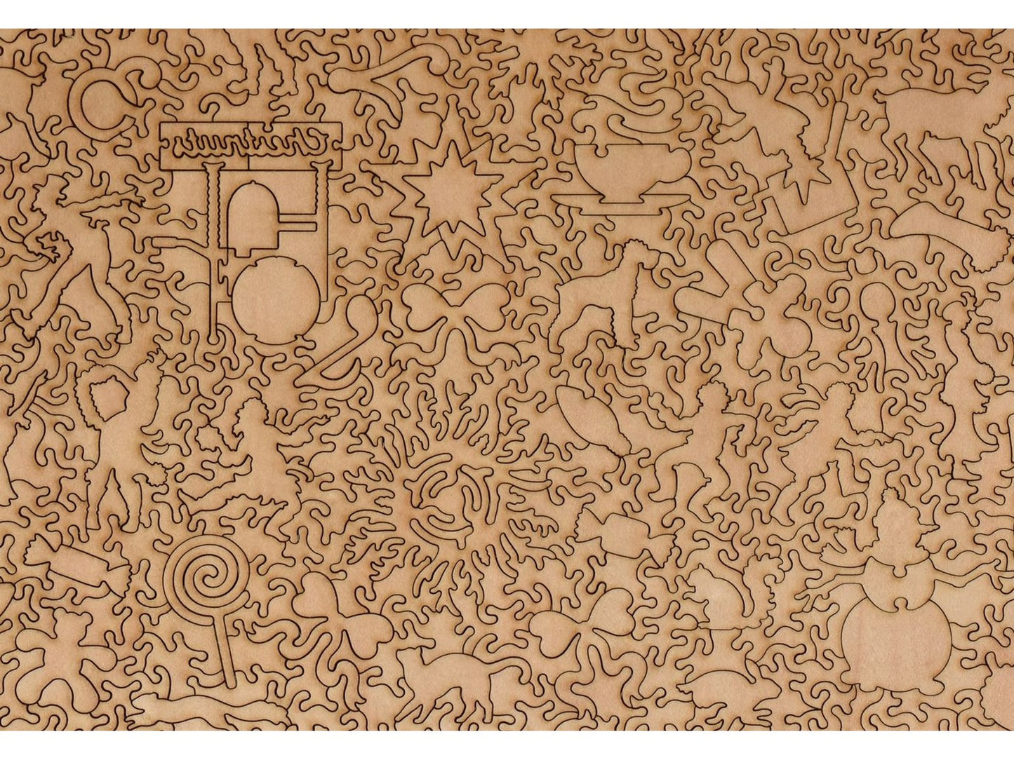 A closeup of the back of the puzzle, Christmas Village, showing the detail in the pieces.