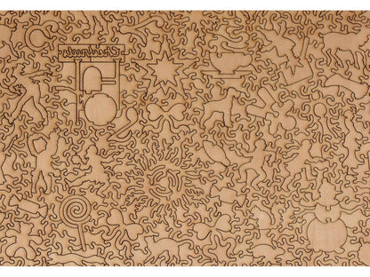 A closeup of the back of the puzzle, Christmas Village, showing the detail in the pieces.