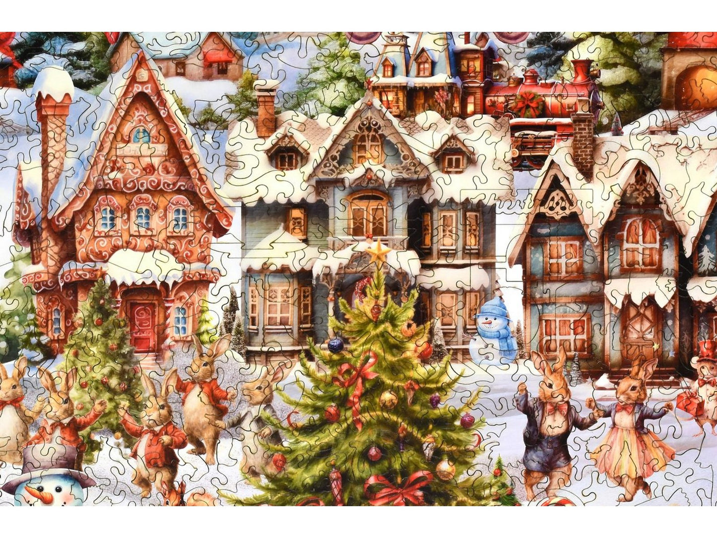 A closeup of the front of the puzzle, Christmas Village, showing the detail in the pieces.