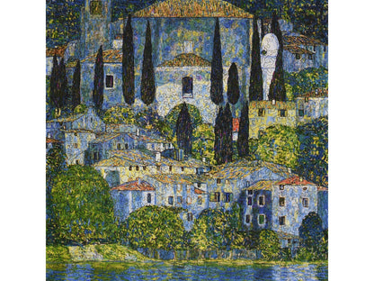 The front of the puzzle, Church in Cassone, which shows a hillside covered in houses and trees.