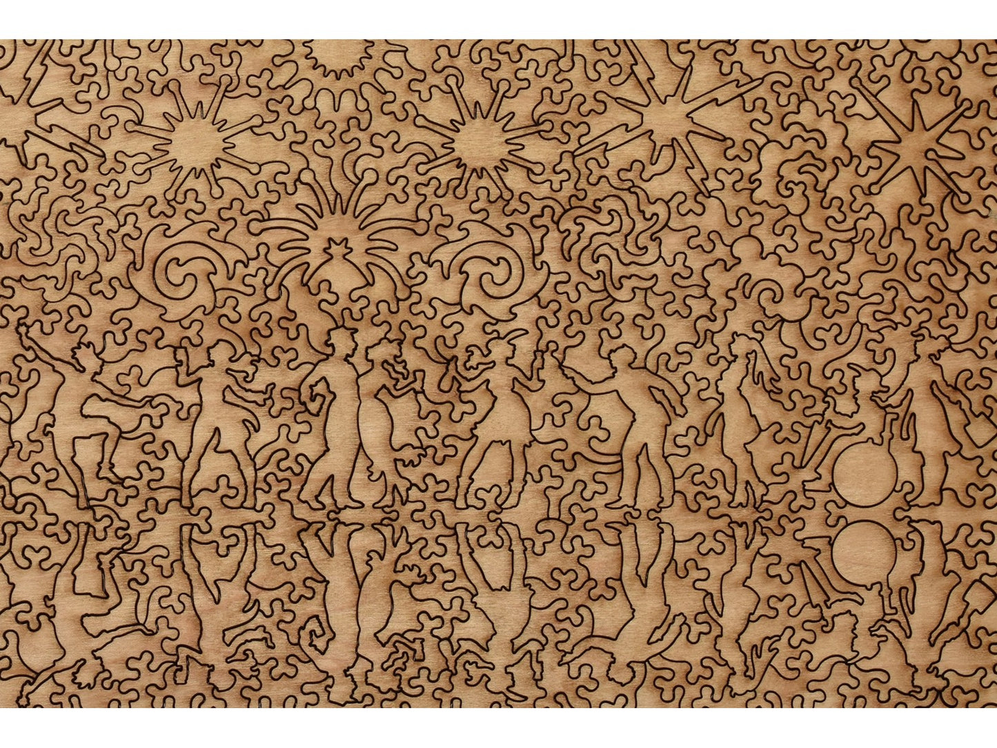 A closeup of the back of the puzzle, City Celebration, showing the detail in the pieces.