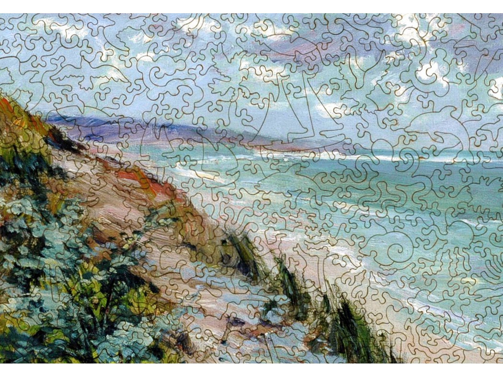 The front of the puzzle, Cliffs by the Sea at Trouville, which shows a painting of a landscape scene of a coastline.