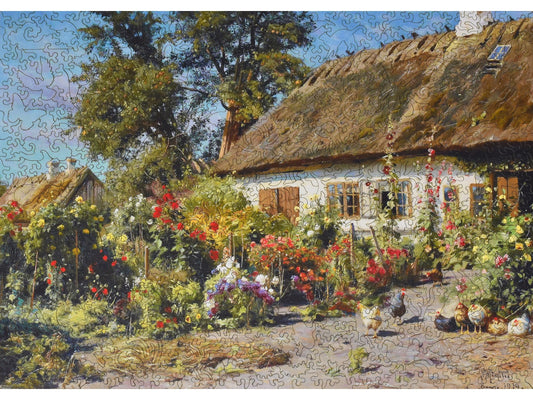 The front of the puzzle, A Cottage Garden with Chickens.