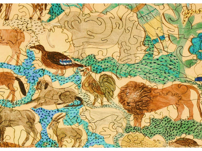A closeup of the front of the puzzle, Cutout of Animals, showing the detail in the pieces.