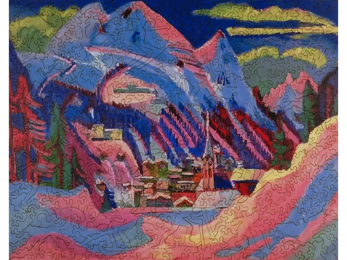 The front of the puzzle, Davos in Winter, which shows a mountain village in the winter.