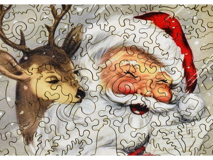 A closeup of the front of the puzzle, Deerful Santa.