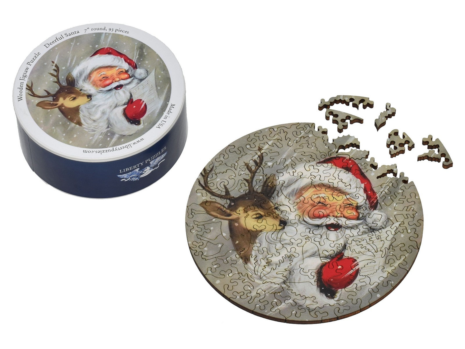 The front of the small round puzzle, Deerful Santa, with Santa and a reindeer.