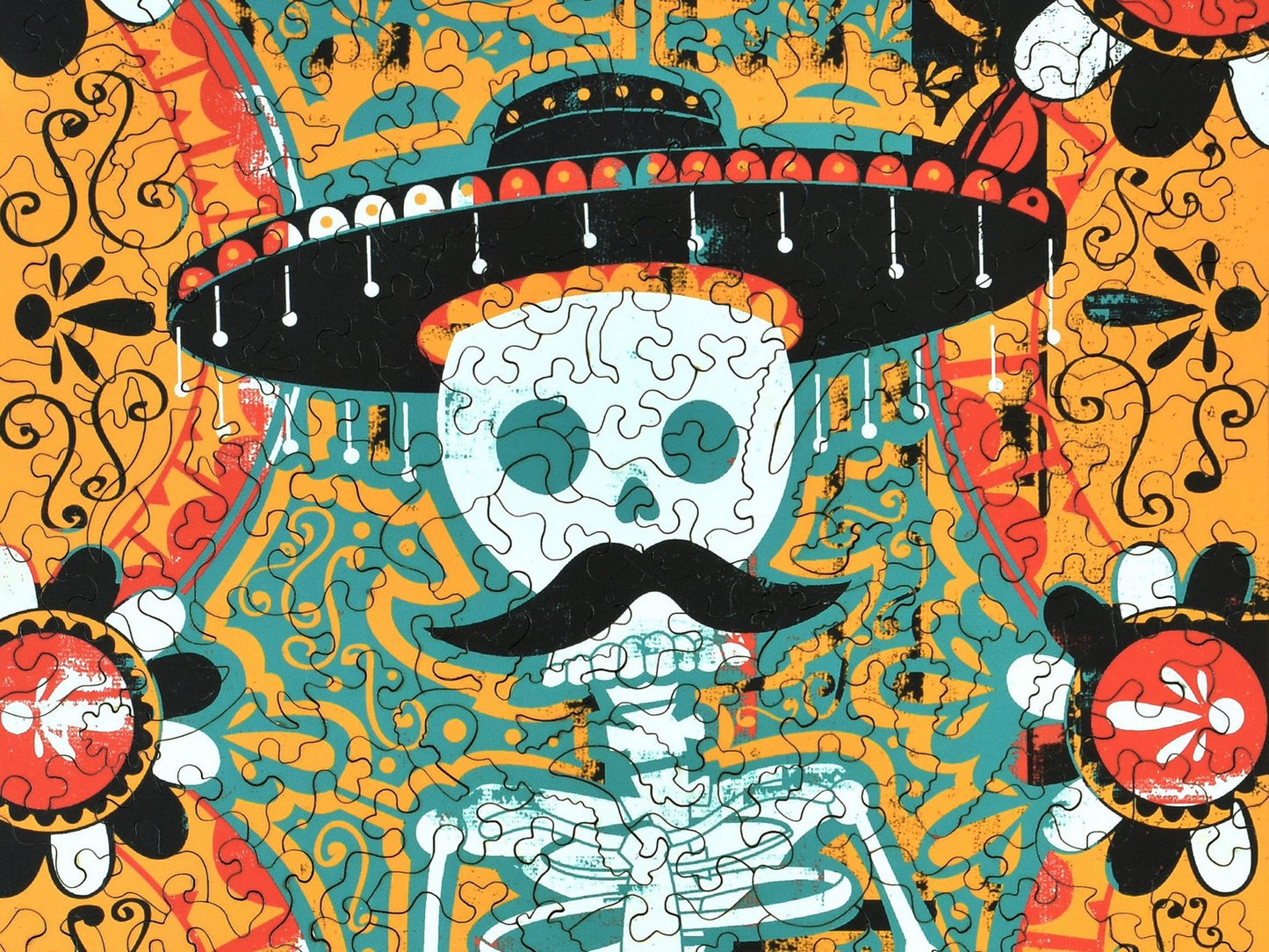 A closeup of the front of the puzzle, Dia De Los Muertos.