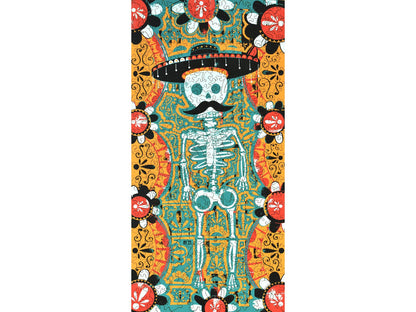 The front of the puzzle, Dia de Los Muertos, which shows a skeleton wearing a sombrero.