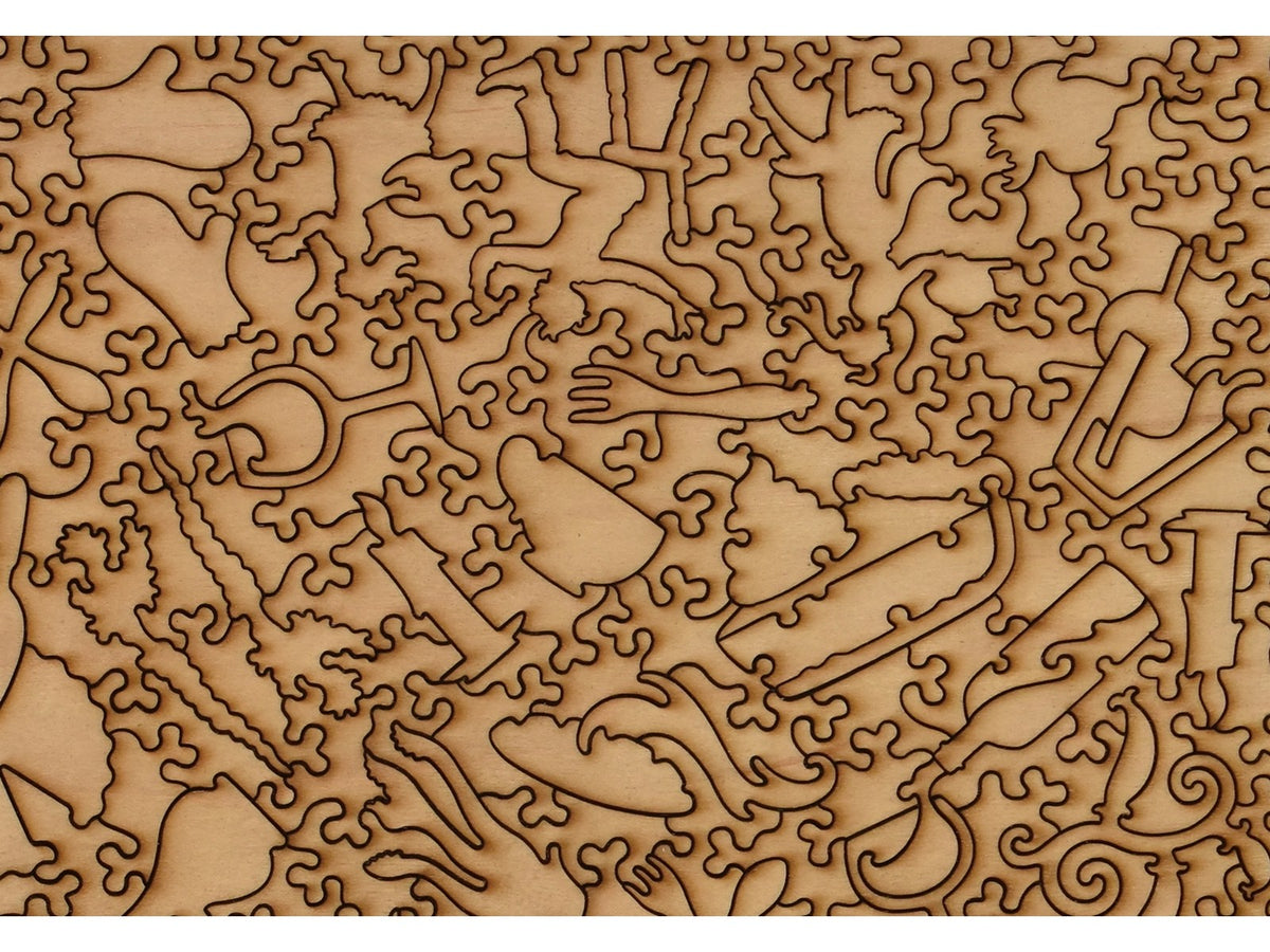A closeup of the back of the puzzle, Dinner Party, showing the detail in the pieces.