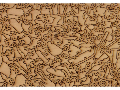 A closeup of the back of the puzzle, Dinner Party, showing the detail in the pieces.